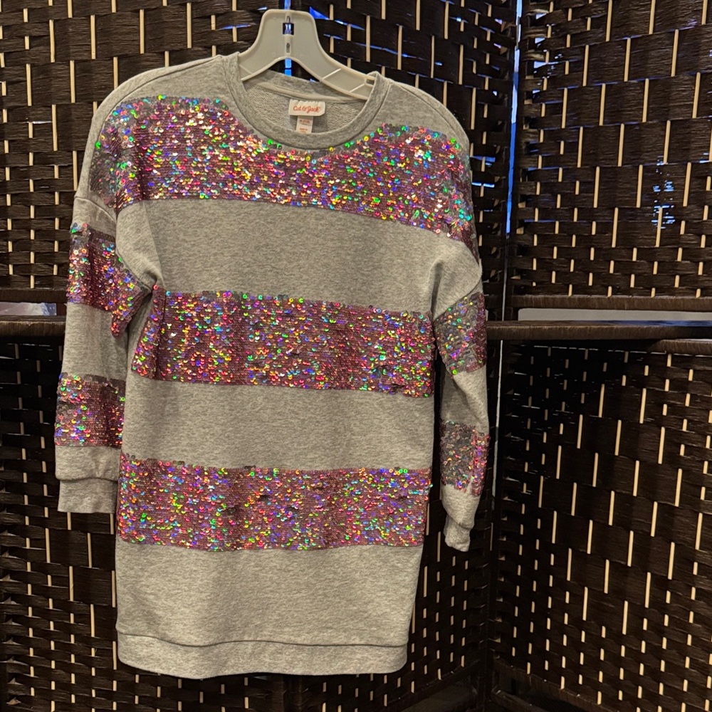 Cat & Jack Gray Sweater Dress with Multicolor Sequins Size M 7/8